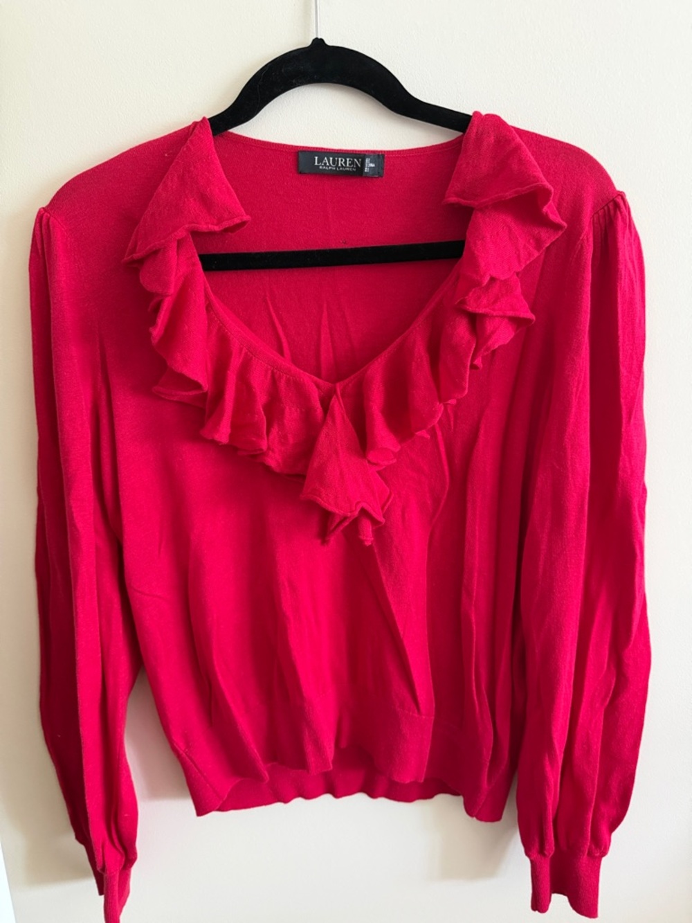 Lauren Ralph Lauren Bright Pink Ruffle V-Neck Long Sleeve Top